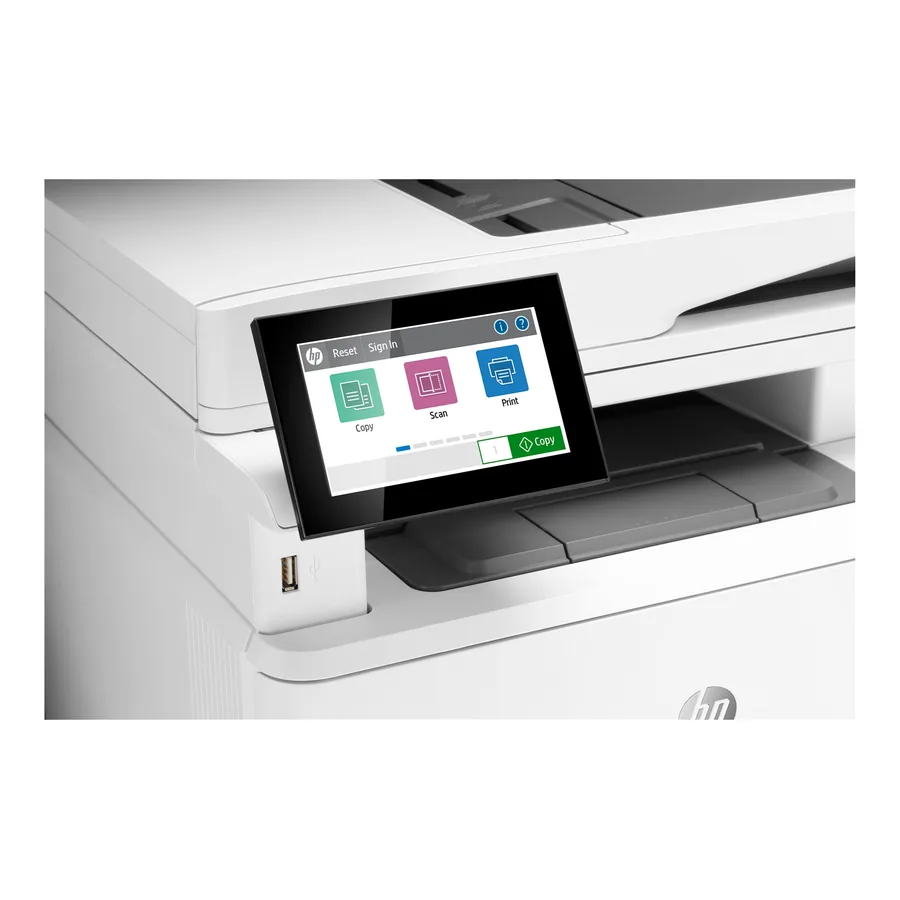 HP LaserJet Enterprise MFP touchscreen control panel showing scan and copy shortcuts
